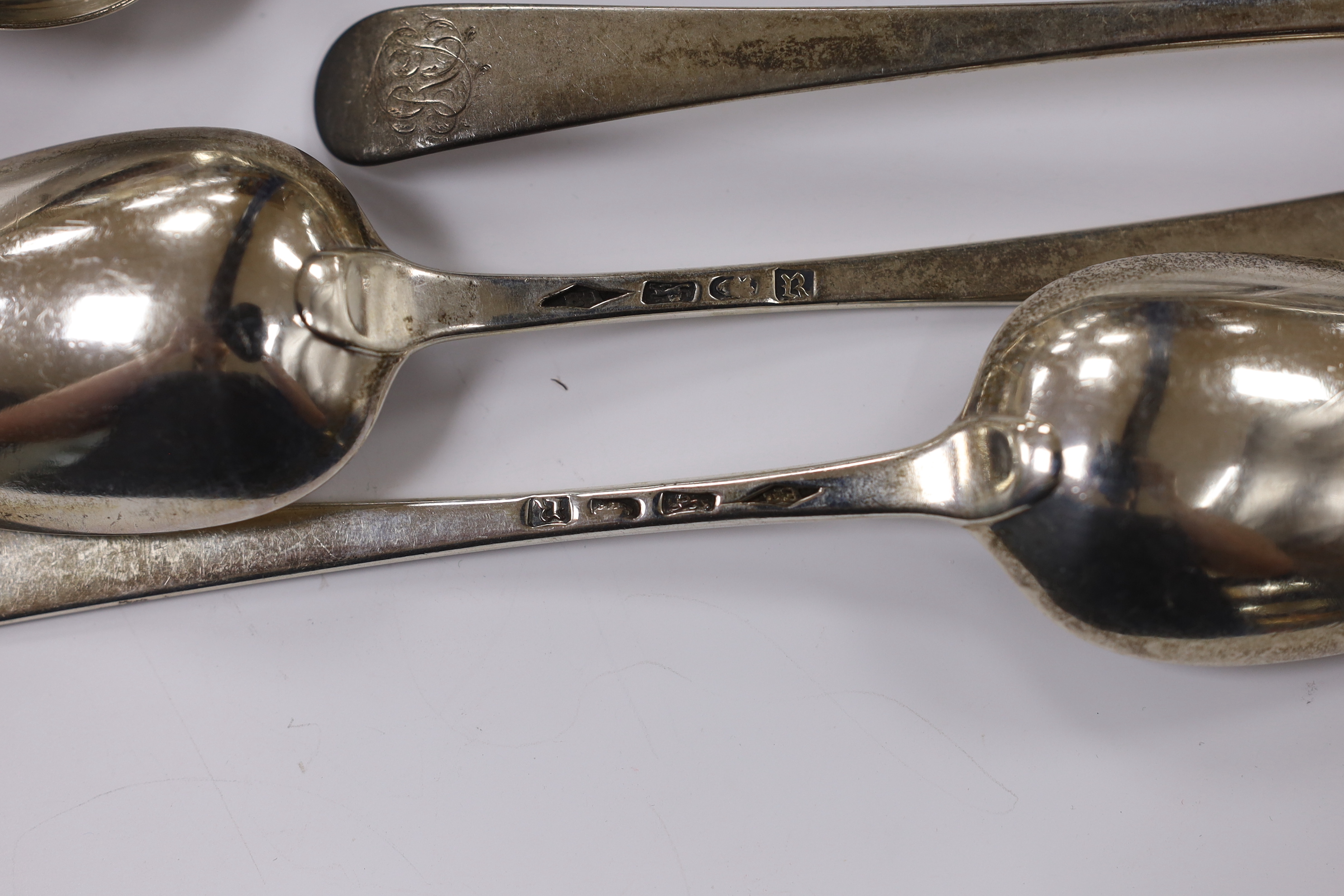 A set of six George III silver Old English pattern table spoons, by Elizabeth Tookey, London, 1772, 22cm